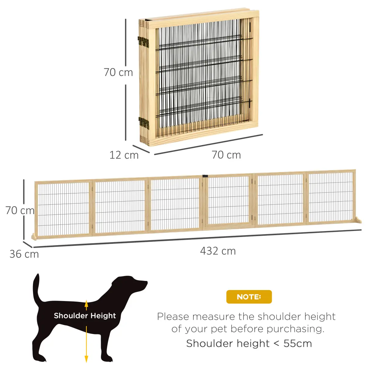 PawHut PawHut Freestanding Pet Dog Gate, Six-Panel Foldable Wooden Playpen, 432cm - Pet Gate