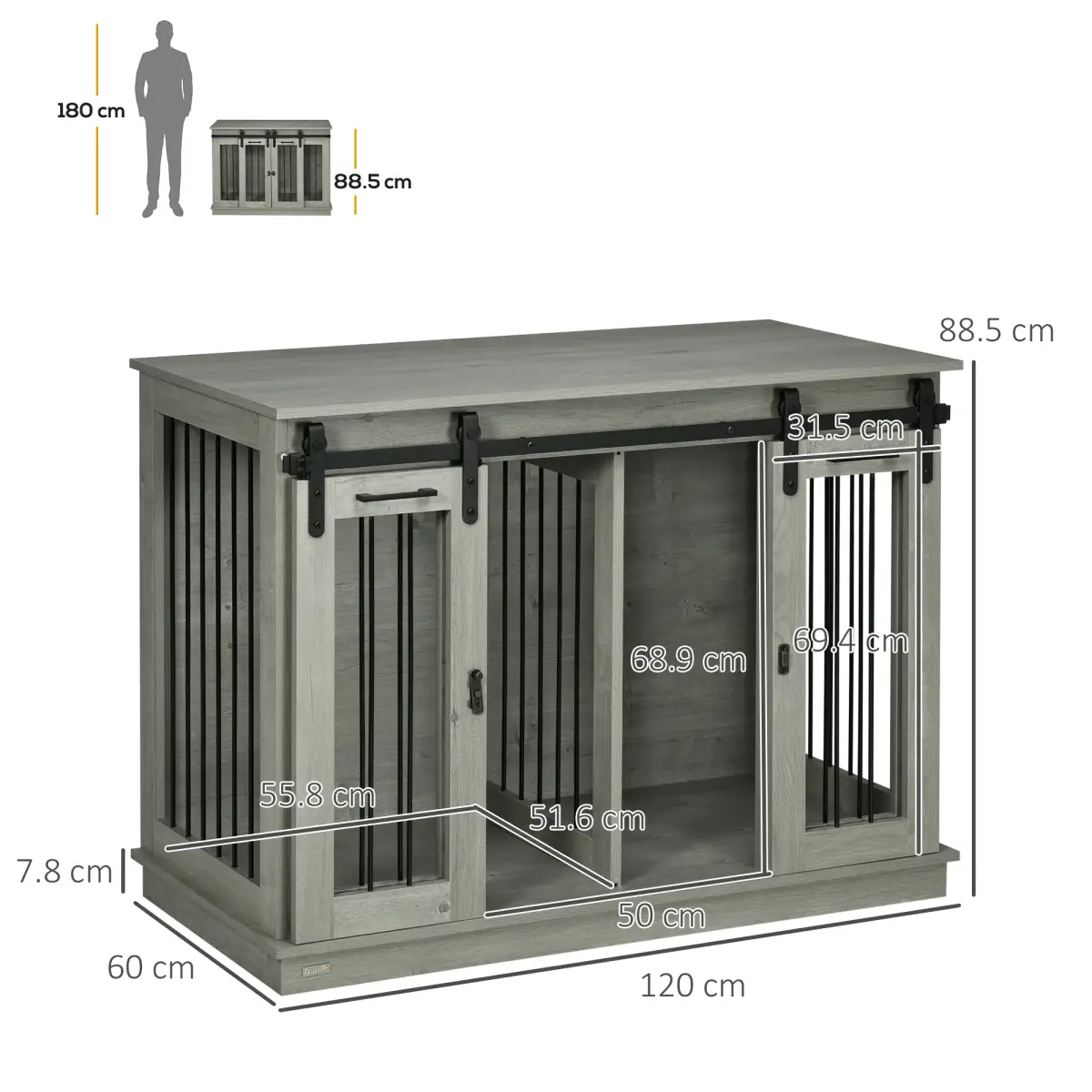 PawHut PawHut Dog Crate Furniture for Large Dogs, Double Dog Cage for Small Dogs, Grey - Dog Crate