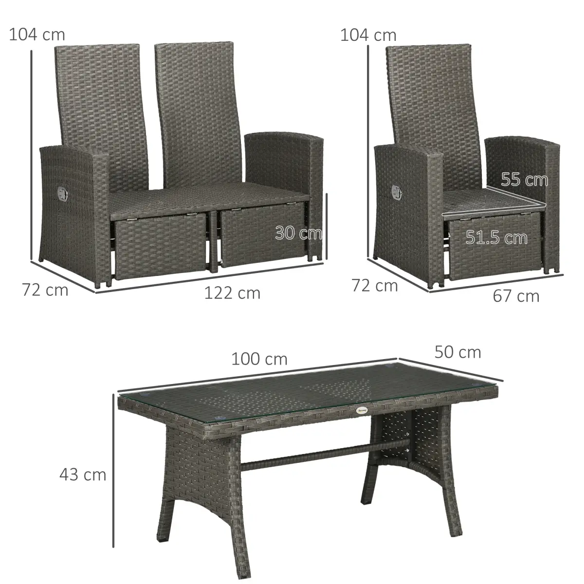 Outsunny Outsunny 4 Piece Rattan Garden Furniture Set with Sofa, Glass Table, Grey - Garden Set