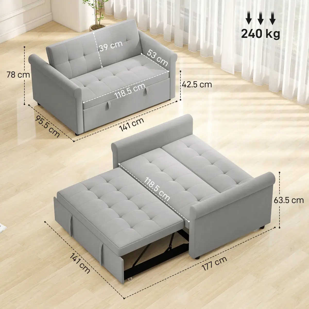 HOMCOM HOMCOM Convertible Pull Out Sleeper Sofa Bed Settee for Living Room, Grey - Sofa Bed