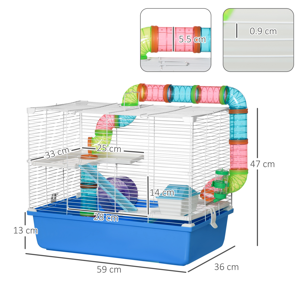 Hamster Cage Rodents House w/ Tubes Exercise Wheel, Water Bottle - Blue - from Pawhut