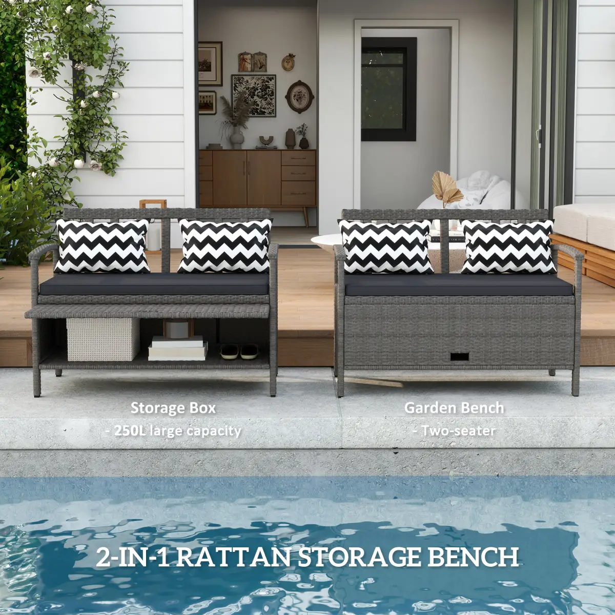 Outsunny Outsunny 160L Rattan Garden Storage Bench, Cushioned Outdoor Bench, Grey - Garden Chairs