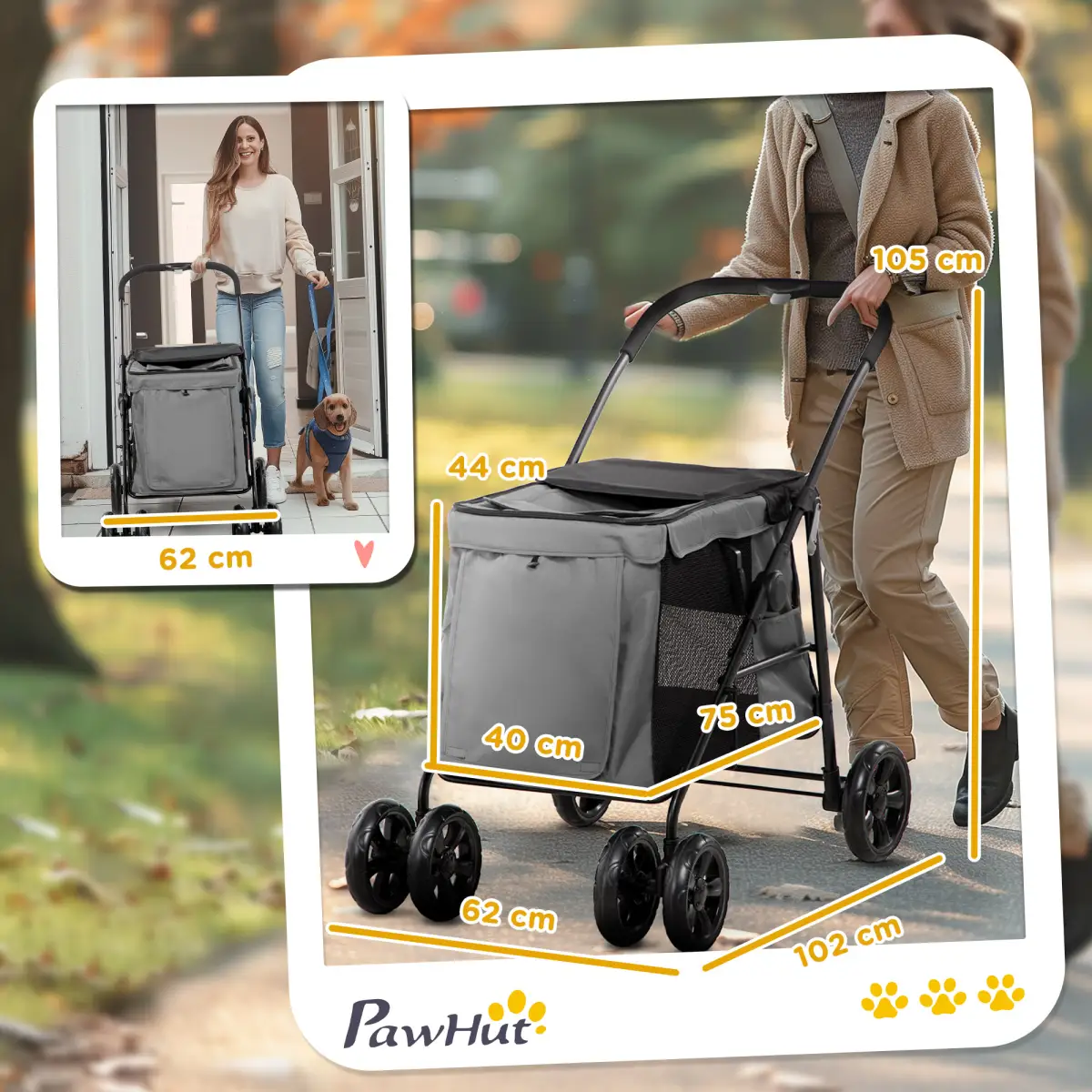 PawHut PawHut One-click Foldable Pet Stroller w/ Mesh Windows, for Small Pets - Grey - Pet Carrier