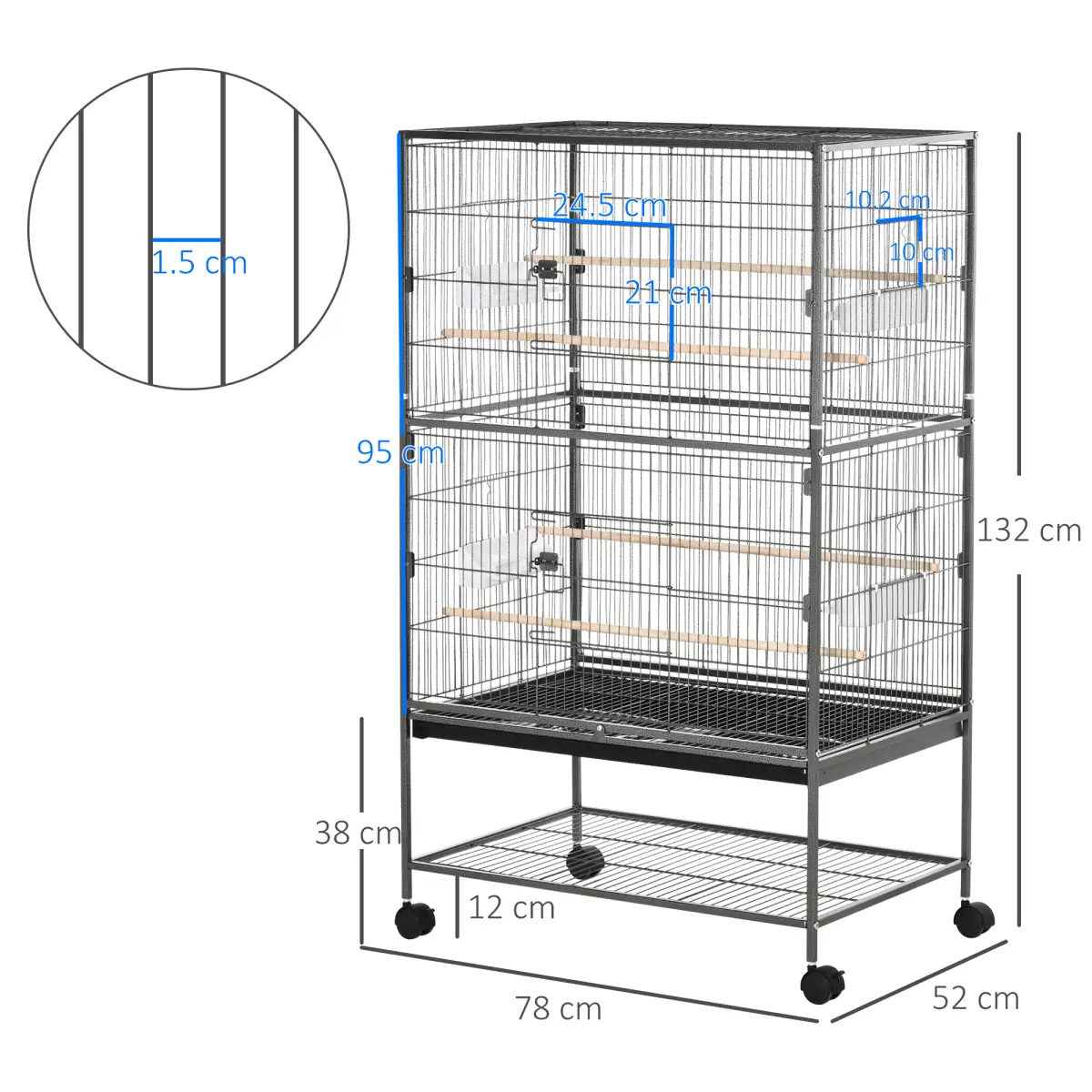 Unbranded Bird Cage Aviary for Budgies Canaries w/ Rolling Stand Slide-Out Tray, Grey - Bird Cage