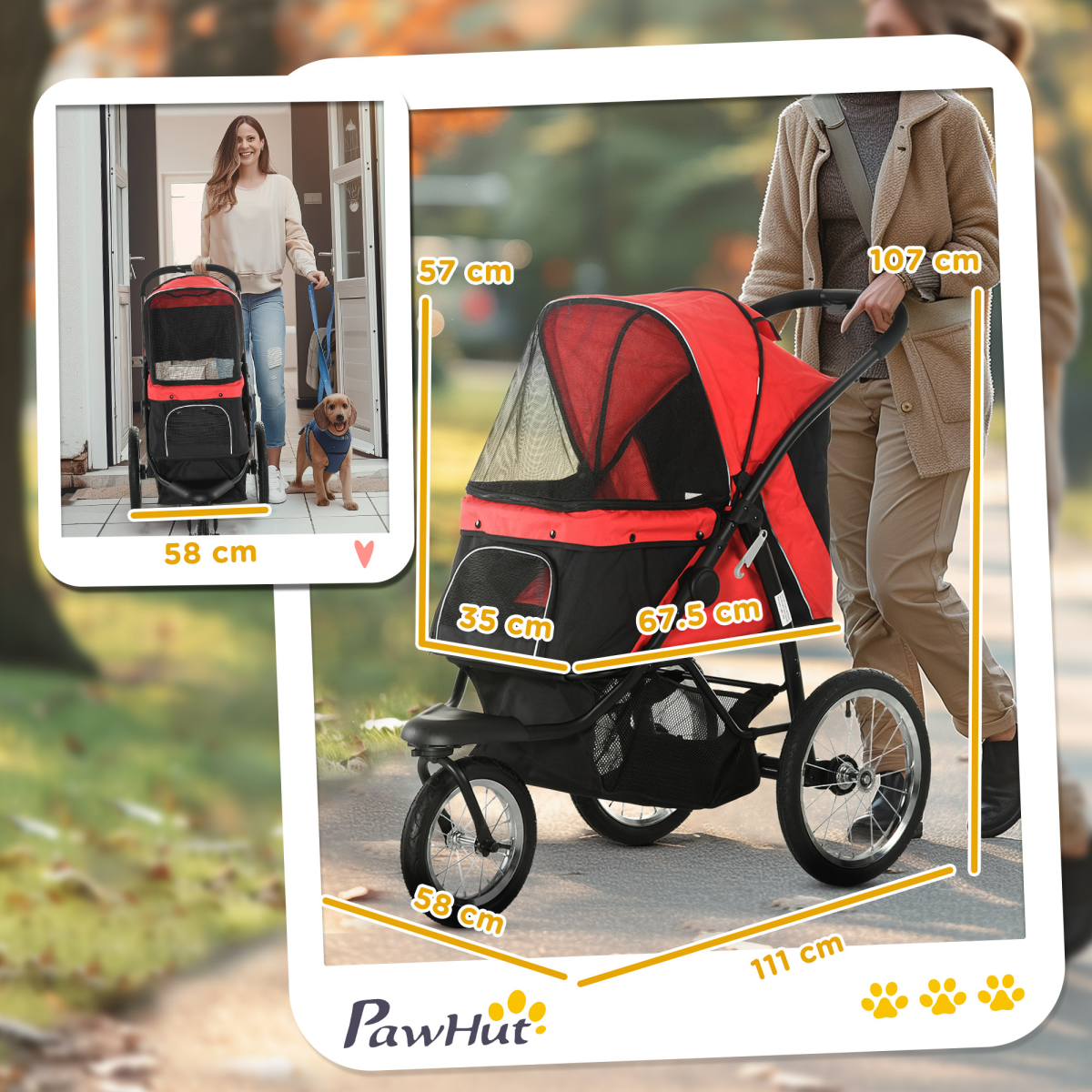 Foldable Pet Stroller Jogger w/ Canopy, Three Wheels, for Medium Dogs - Red - from PawHut