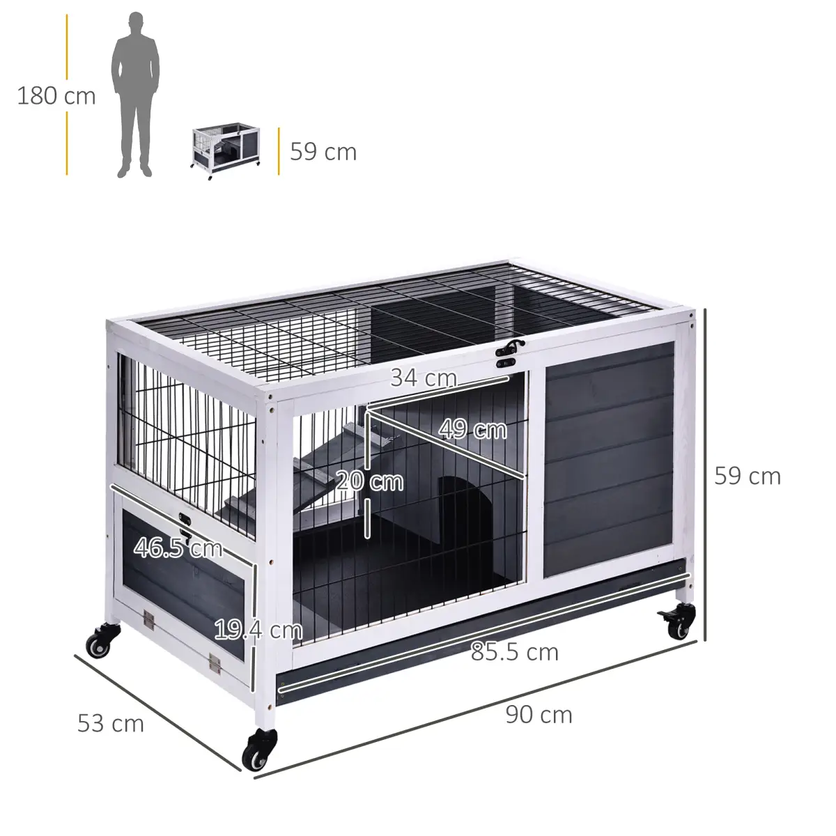 Unbranded Wood Indoor Rabbit Hutch Elevated 2-Floor Guineas Pigs Cage w/ Wheels Pawhut - Rabbit Hutch