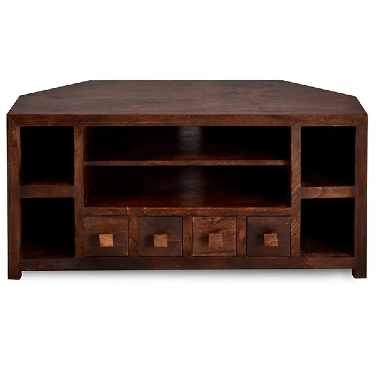 Contemporary Corner TV Unit In Dark Mango Finish, Sustainable Mango Wood, Fully Assembled, Open Shelves And 4 Drawers