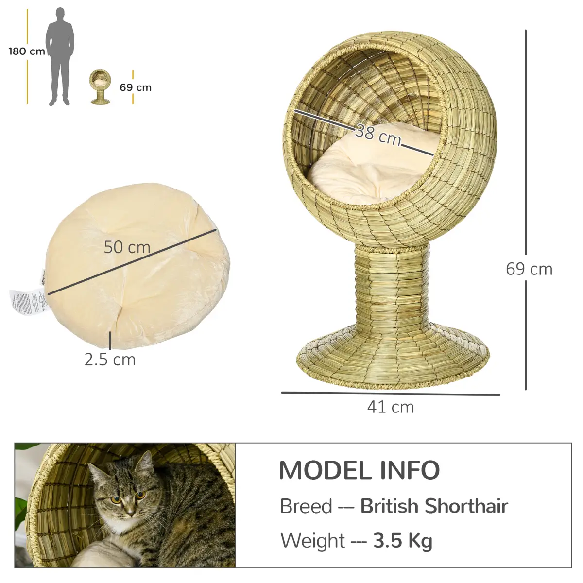 PawHut PawHut Raised Cat House, Natural Mat Grass Cat Bed w/ Stand Cushion, 41x 69 cm - Cat House