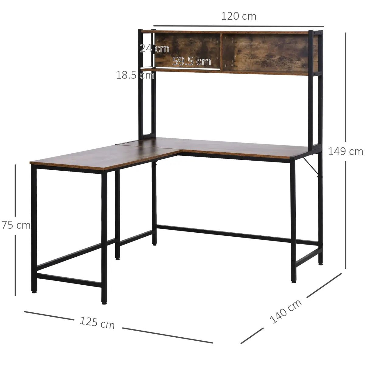HOMCOM 149x140x125cm Industrial L-Shaped Desk w Shelf - Brown & Black - Desk