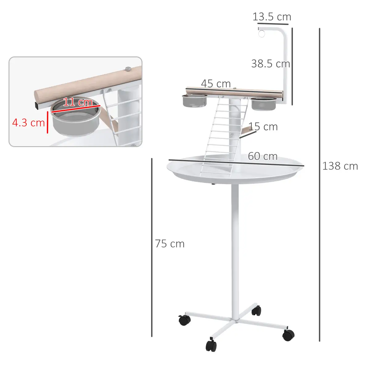 PawHut PawHut Bird Table with Four Wheels, Perches, Stainless Steel Bowls, Round Tray - Bird Feeder