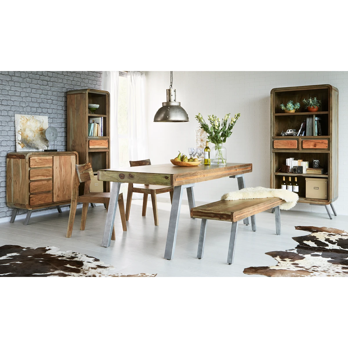 Indian Hub Aspen Handcrafted Dining Table Medium Solid Wood With Reclaimed Metal Two Tone Finish For Home Dining - Dining Table