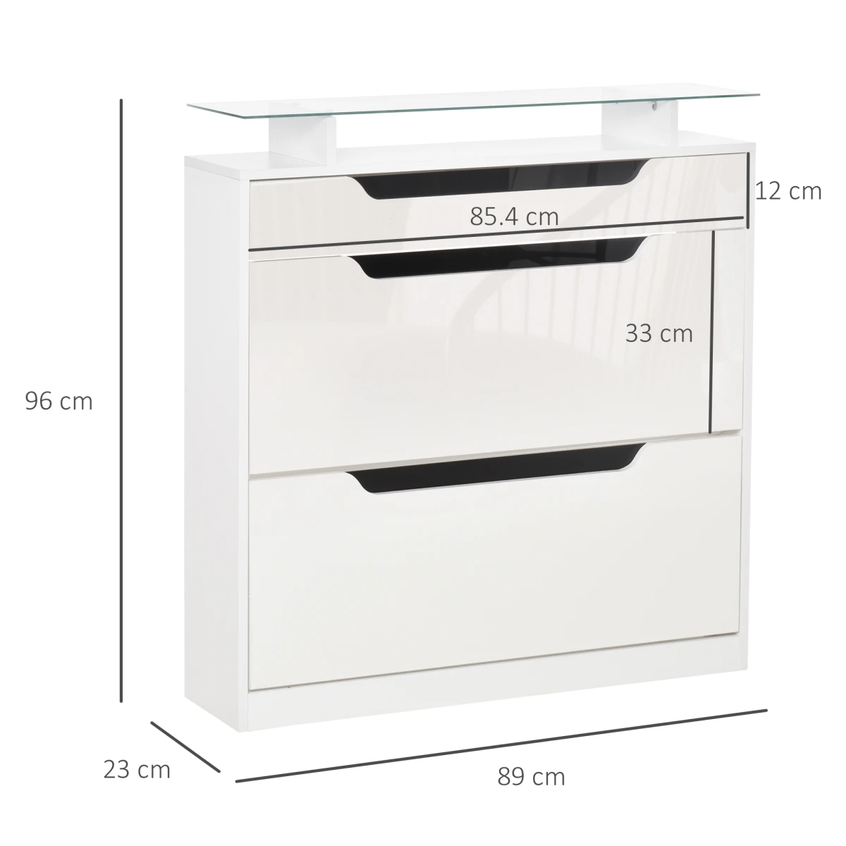 Premium White High Gloss Shoe Cabinet With Glass Top Three Drawers Storage Organizer For Hallway Or Office by HOMCOM