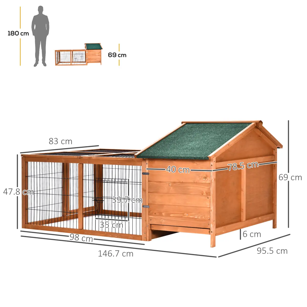 PawHut Wooden Rabbit Hutch Detachable Pet House with Openable Run & Roof - Rabbit Hutch