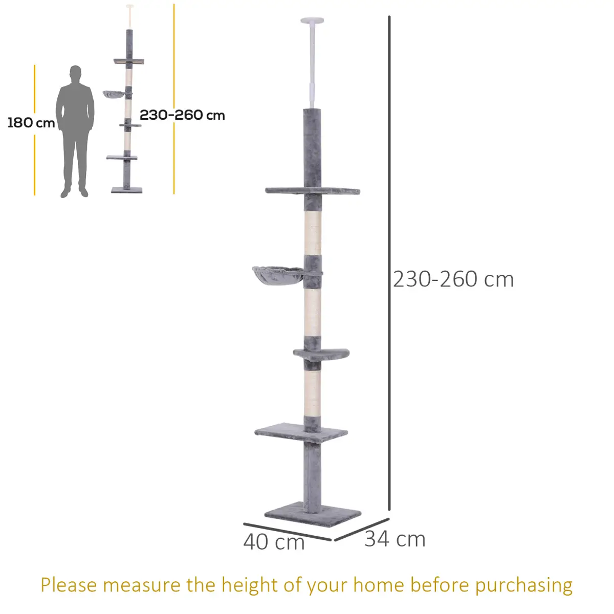 Unbranded Cat Tree Scratching 5-Tier Kitty Tower Floor to Ceiling Adjustable Pawhut - Cat Tree