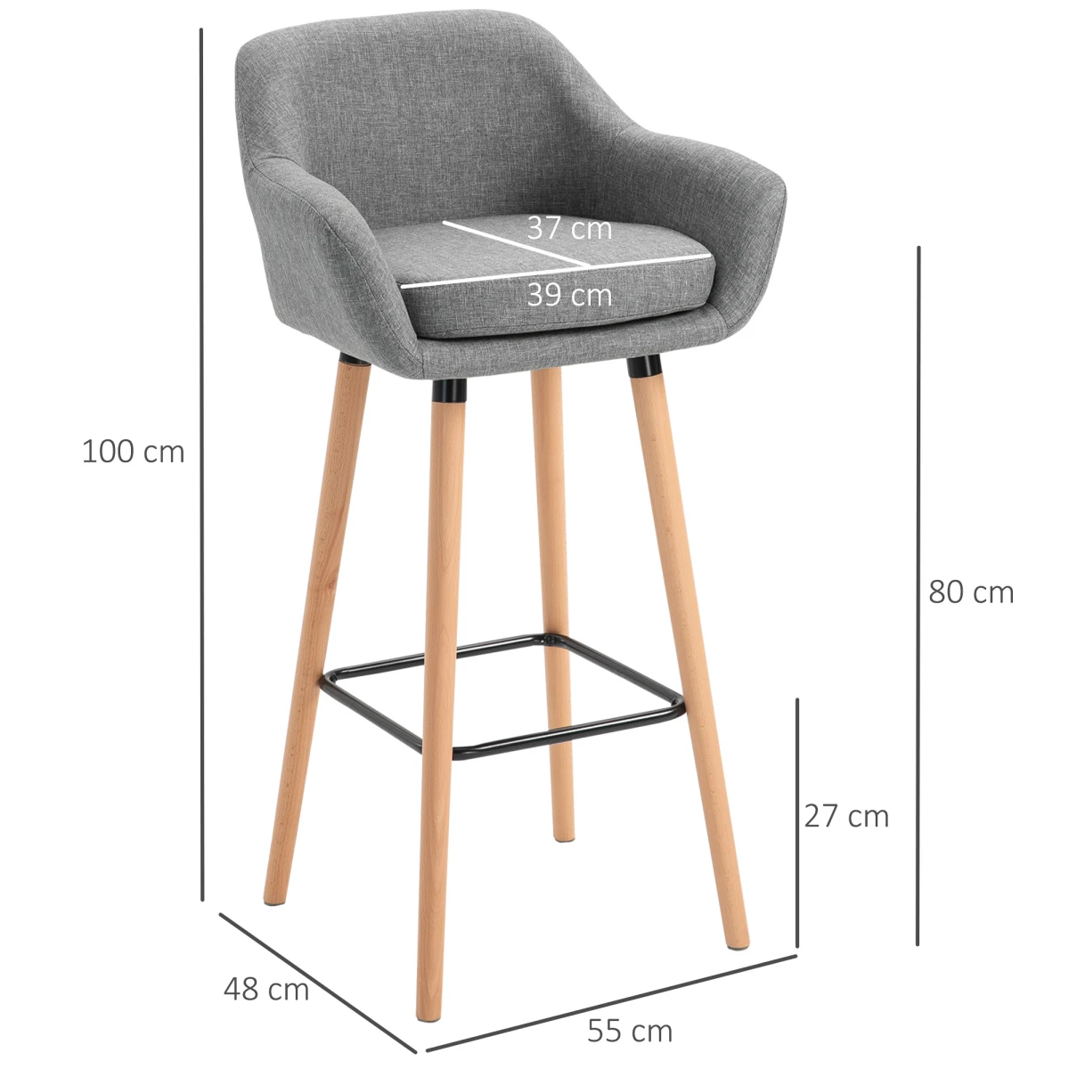 Unbranded 2 PCs Modern Upholstered Fabric Bucket Seat Bar Stools w/ Solid Wood Legs Grey -