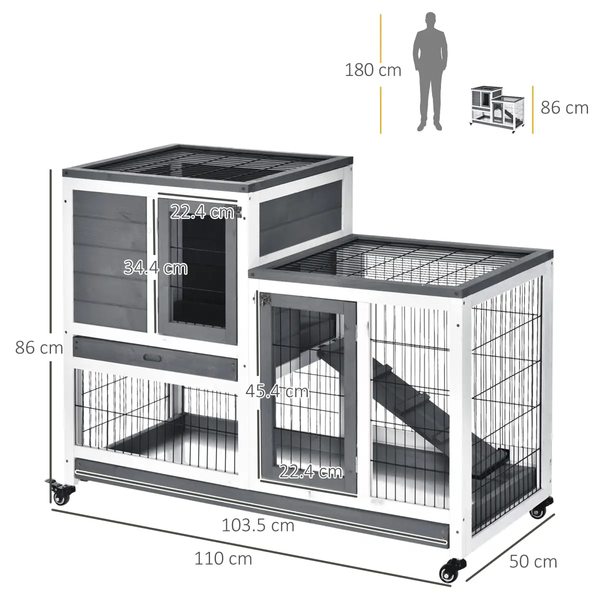 Pawhut Wooden Rabbit Hutch Bunny Guinea Pigs House Cage Wheels Indoor 110 x 50 x 86cm - Rabbit Hutch