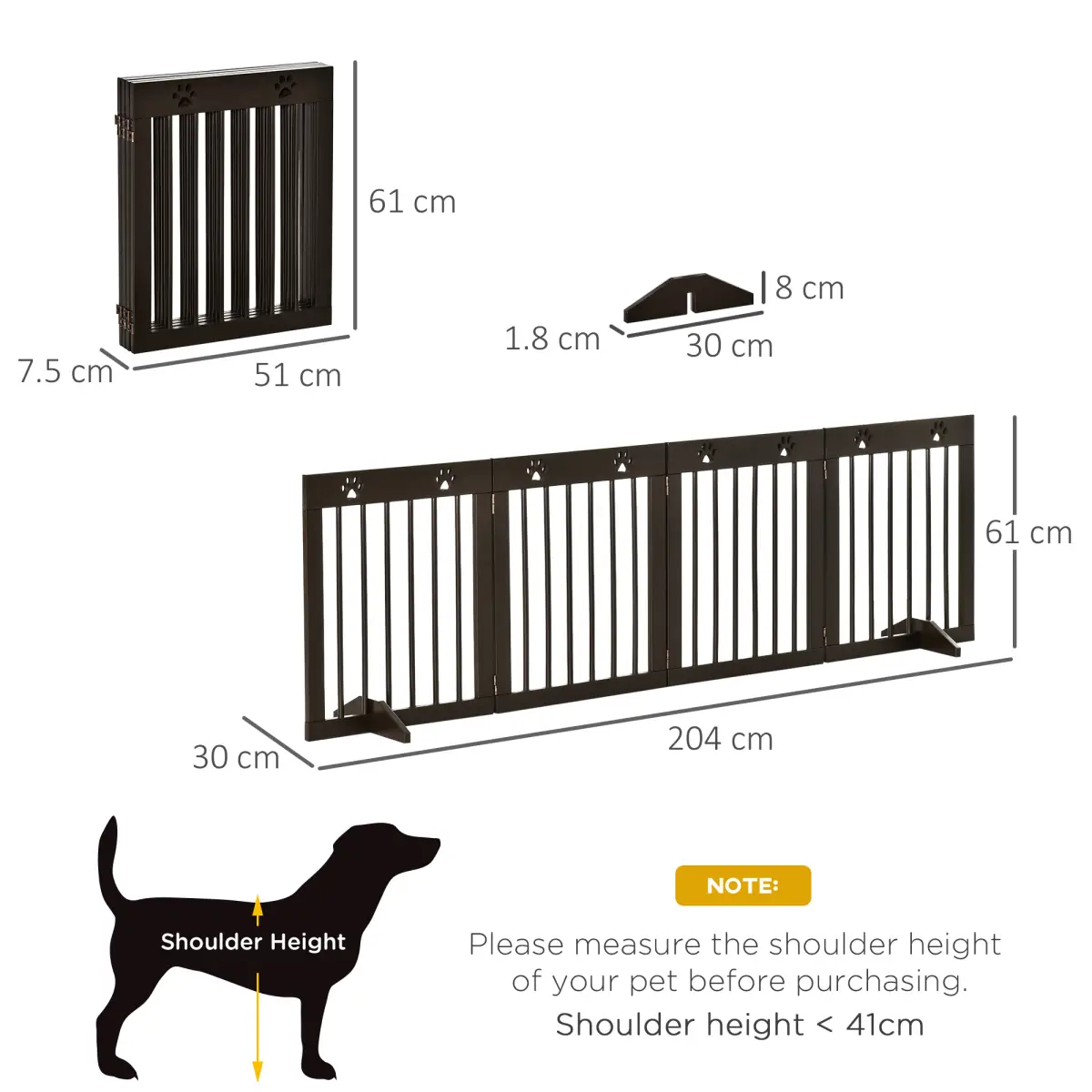Pawhut Freestanding Pet Gate 4 Panel Folding Wooden Dog Barrier w/ Support Feet - Pet Gate