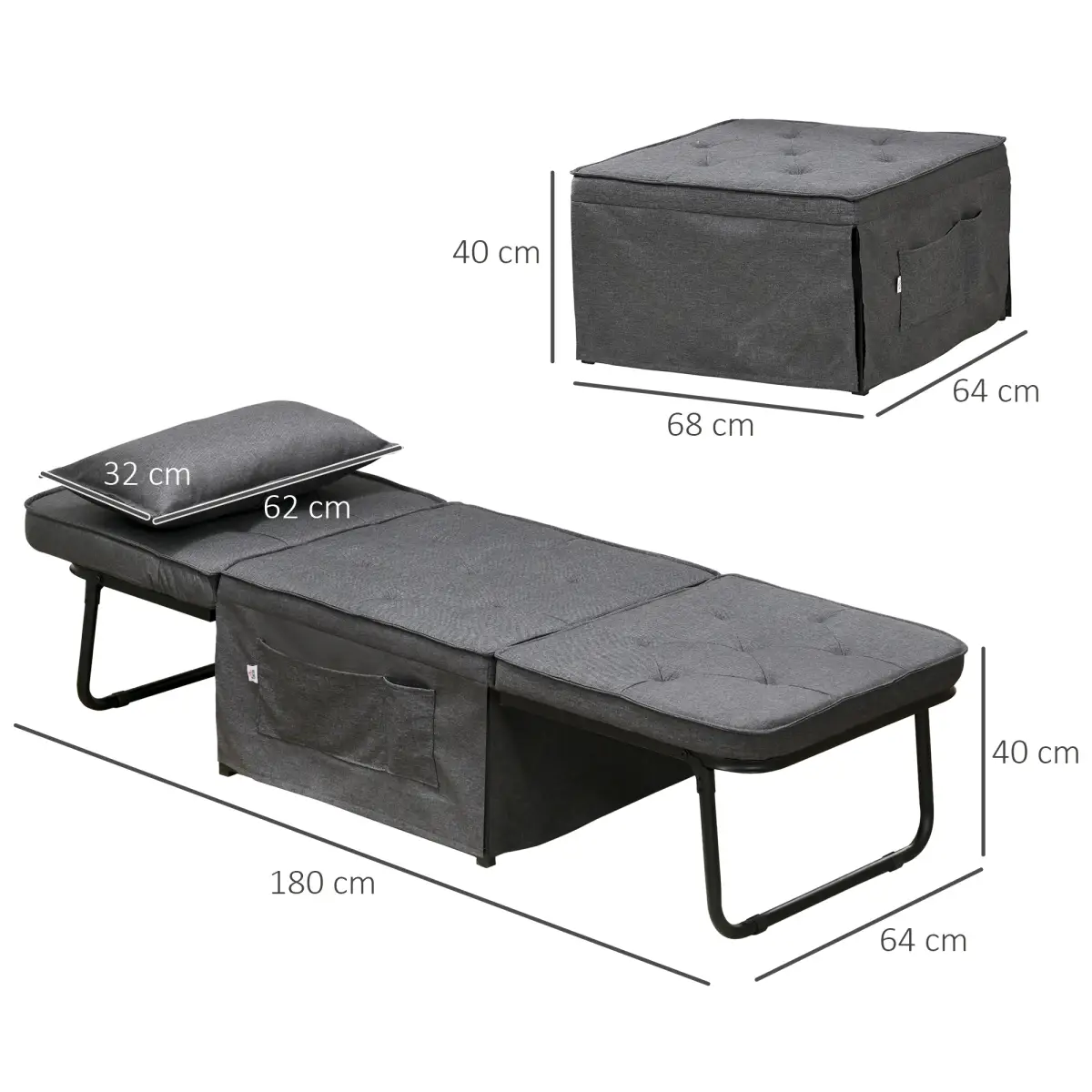 HOMCOM HOMCOM Folding Sleeper Chair Bed with Pillow and Side Pockets, Charcoal Grey - Folding Chairs