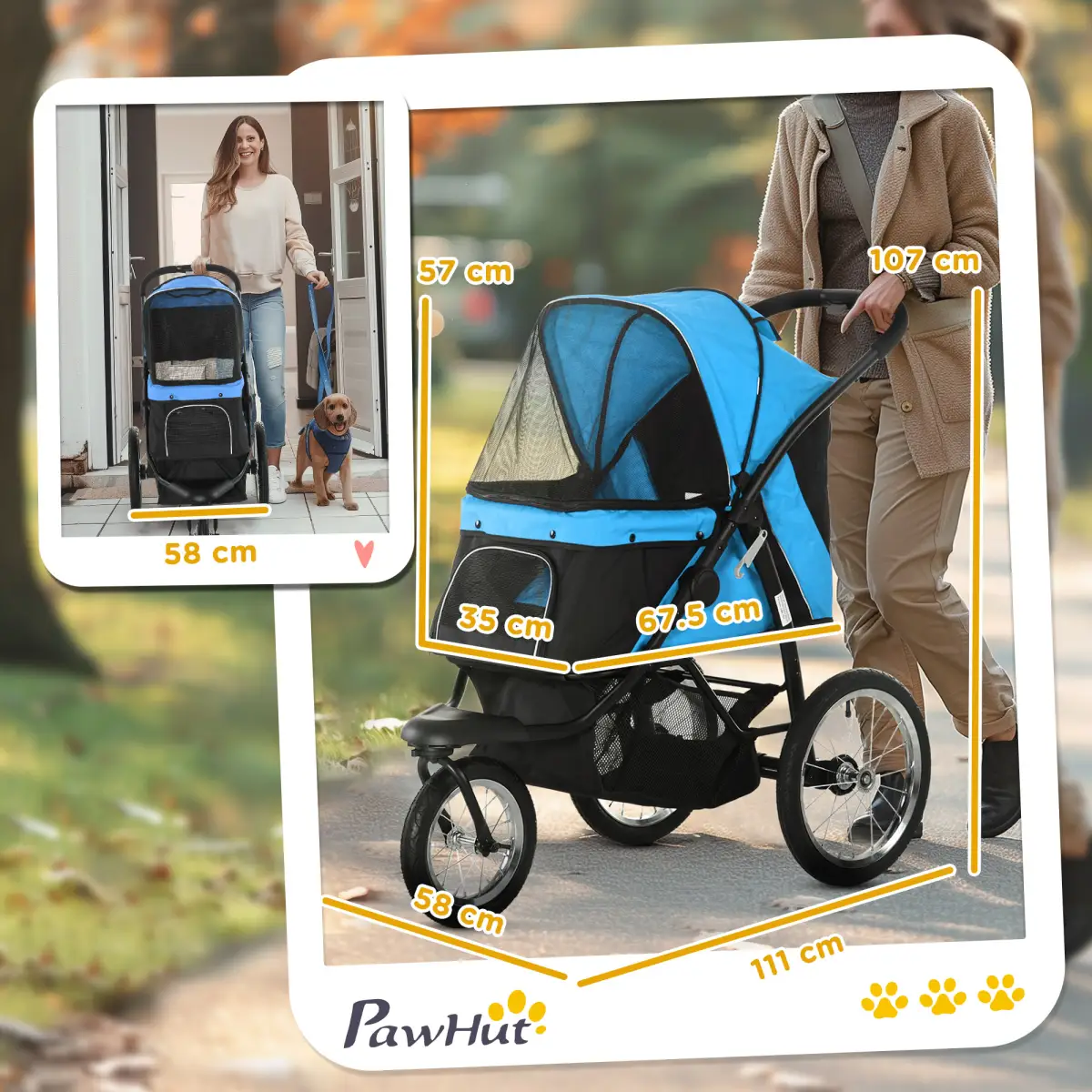 PawHut 3 Wheel Pet Stroller, for Medium Small Dogs, Foldable Cat Pram - Blue - Pet Carrier