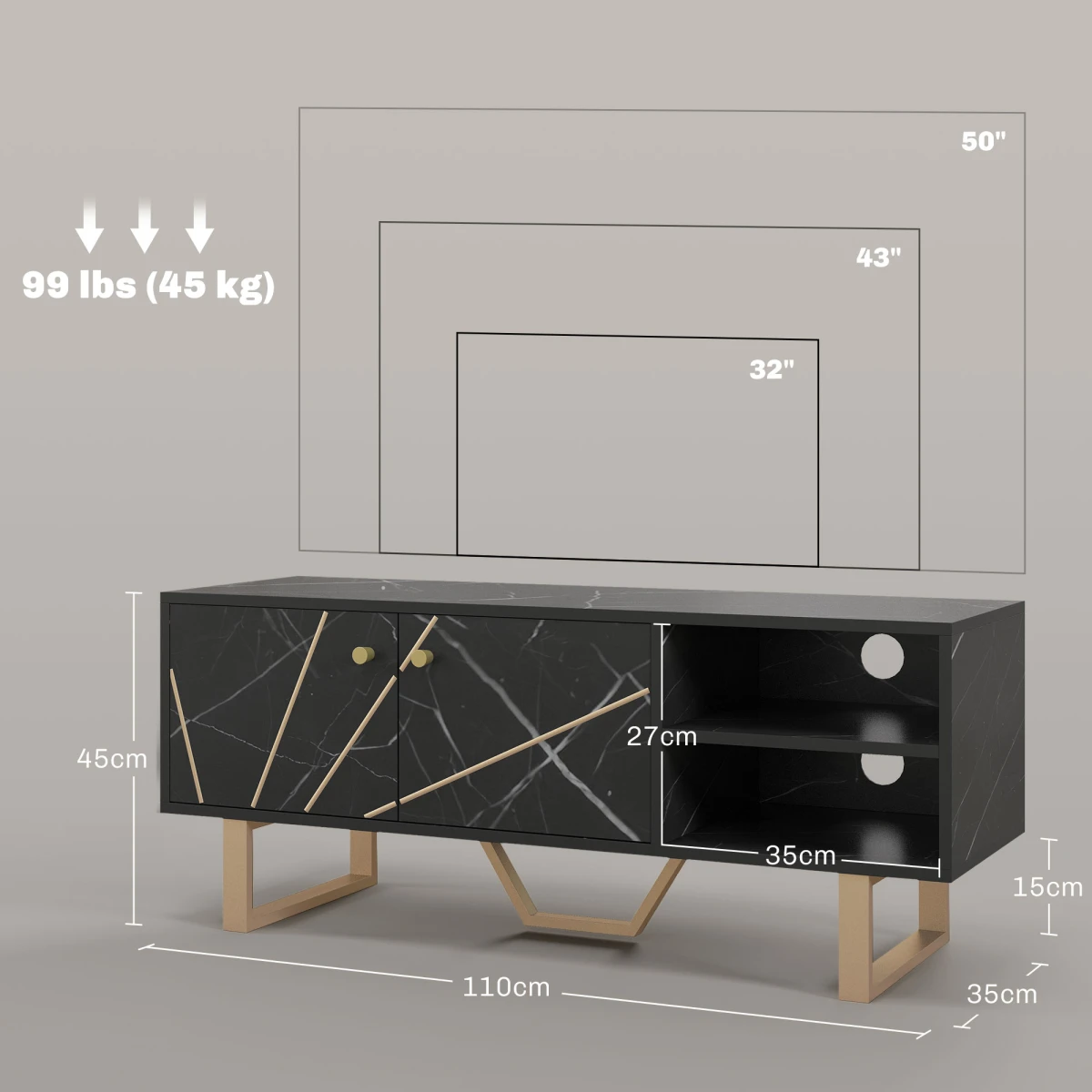 HOMCOM HOMCOM TV Unit Black Marble With Storage For Living Room - TV Unit