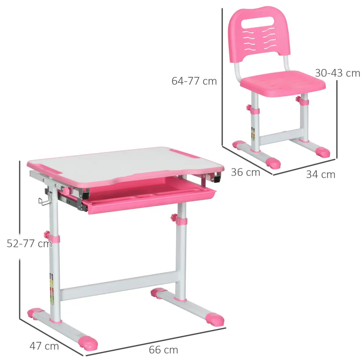 HOMCOM Kids Desk and Chair Set, Height Adjustable Desk with Drawer, Pen Slot, Hook - Desk