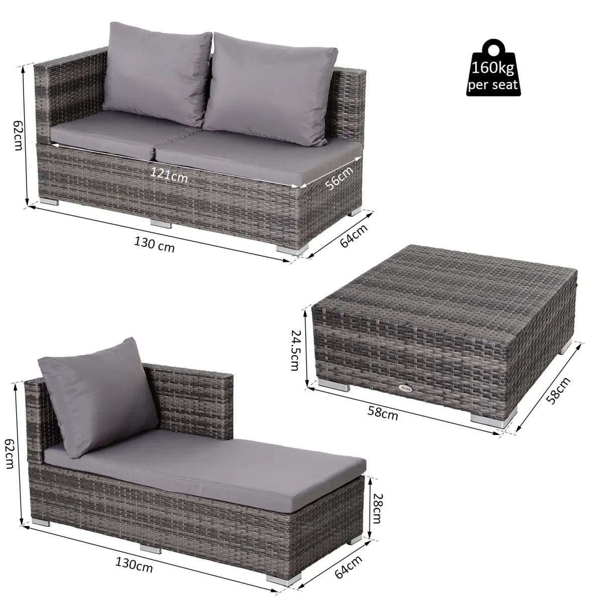 Outsunny Outsunny Rattan Garden Sofa Set Storage Table Wicker Patio Lounger 4-Seater Grey - Garden Sofa Sets