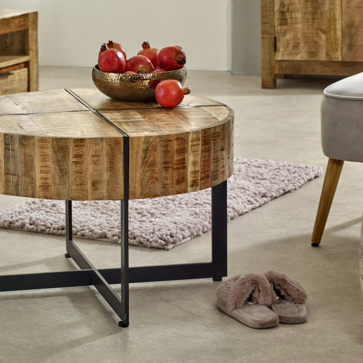 Surrey Round Coffee Table Eco Sourced Solid Mango Wood Inlaid Metal Legs Handmade In India by Indian Hub