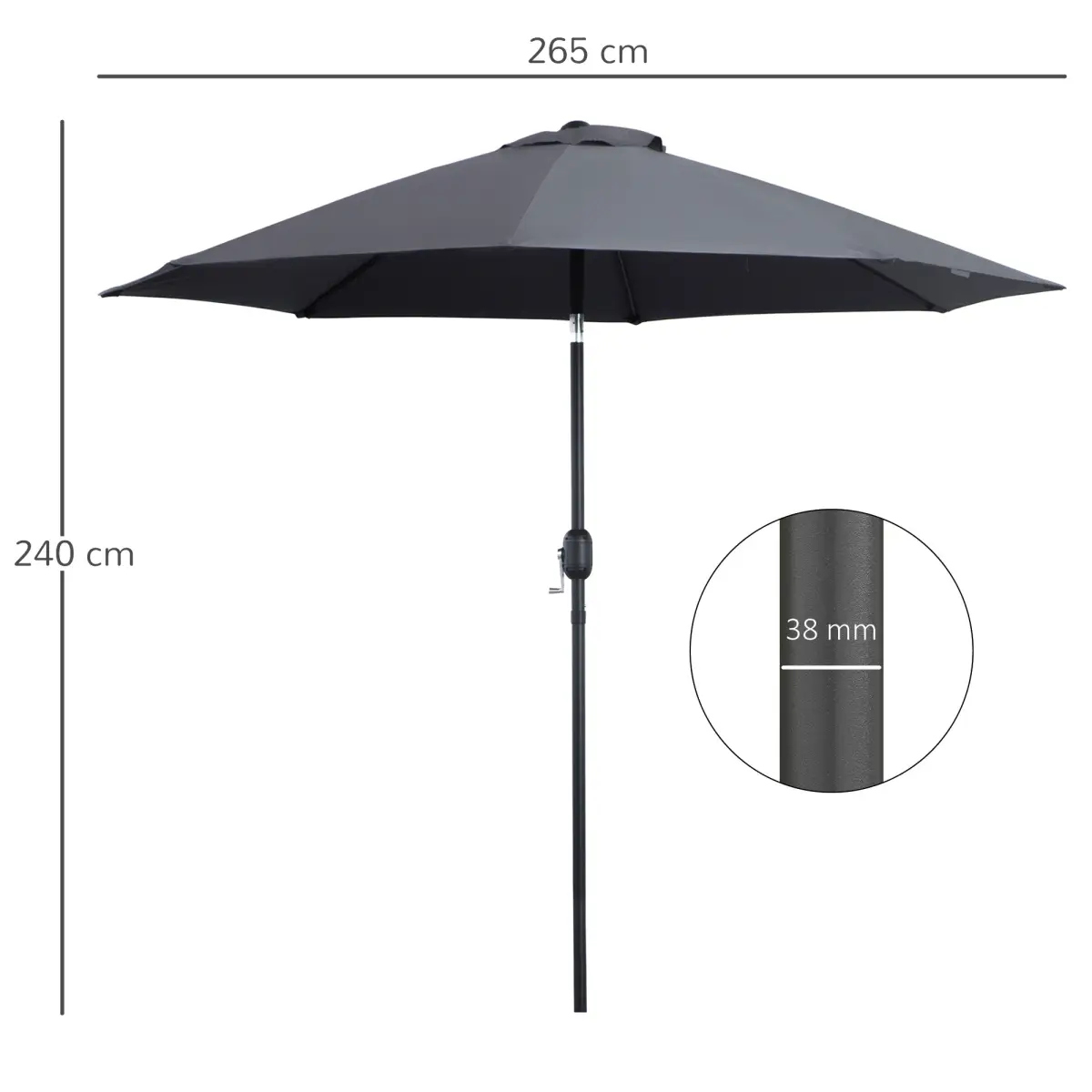 Outsunny 2.7M Patio Sun Umbrella Parasol Tilt Shade Aluminium Charcoal Grey - Parasol