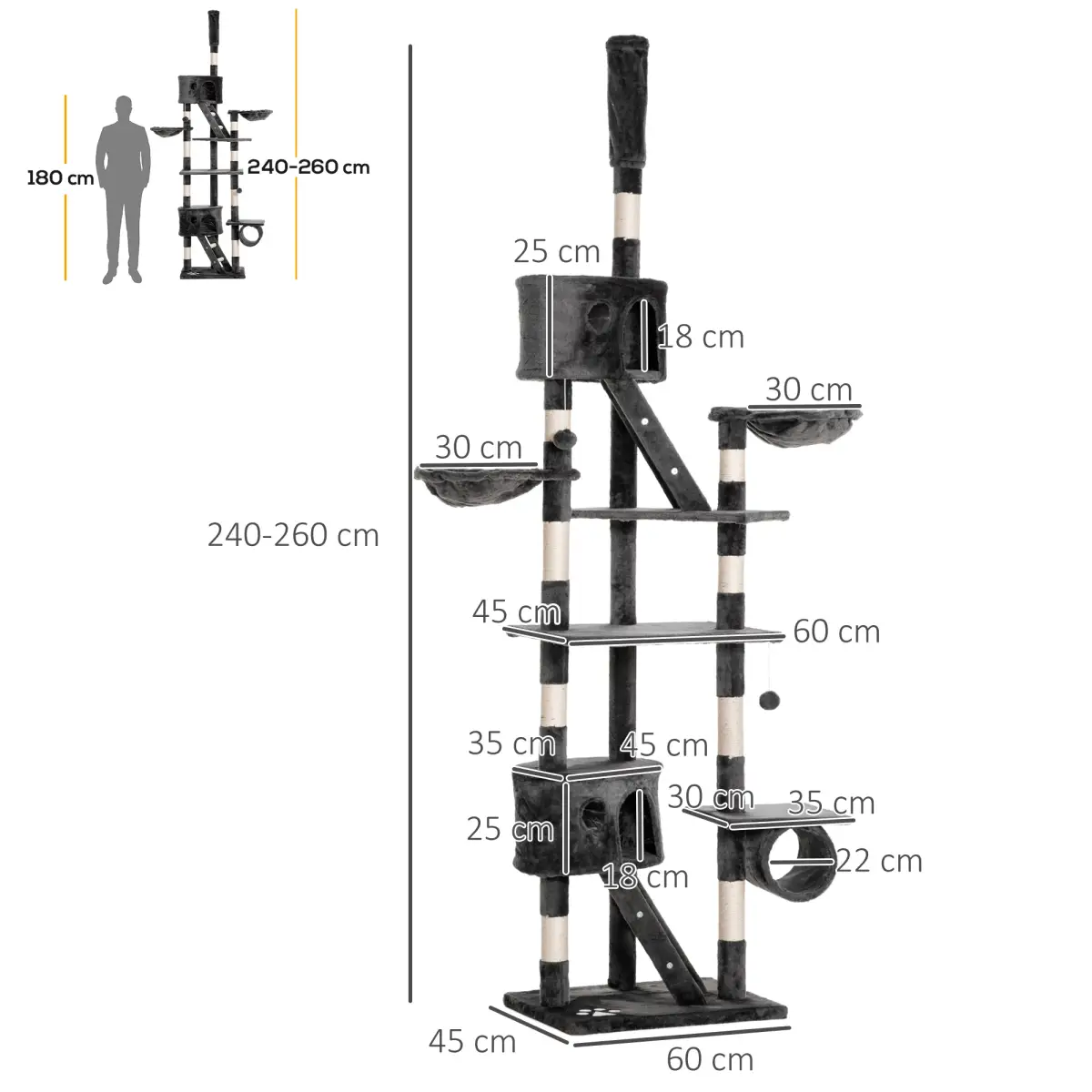 PawHut PawHut 240-260cm Floor to Ceiling Cat Tree with Scratching Posts - Dark Grey - Cat Tree