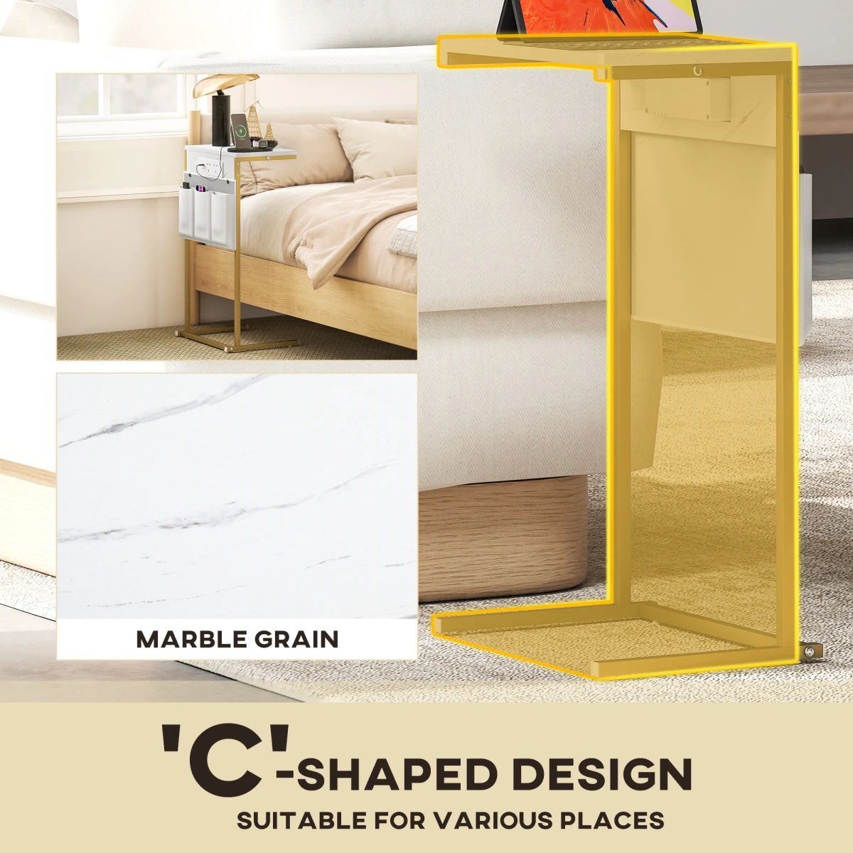 Premium C Shaped Table Compact Marble Charge Dock by N/A