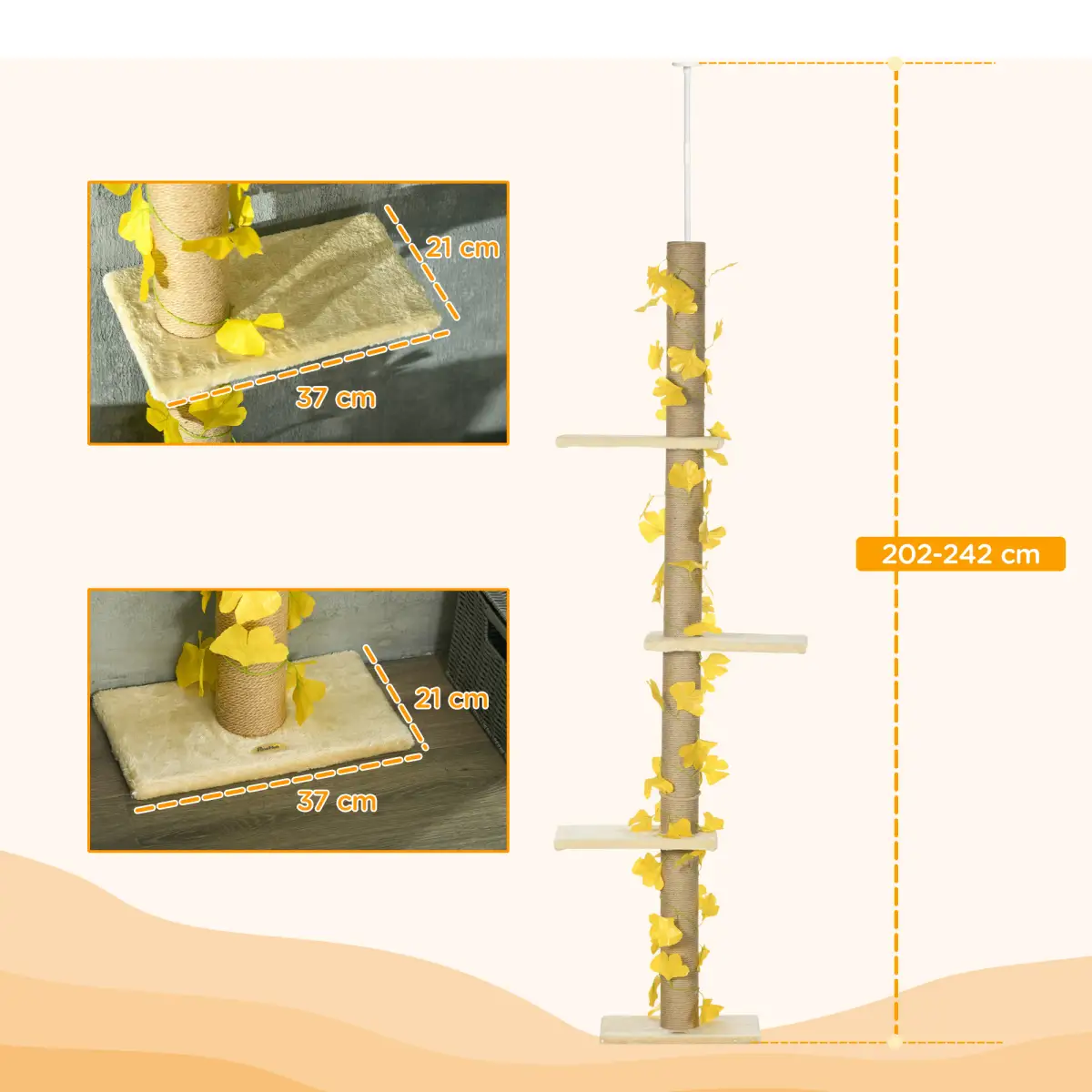 PawHut 242cm Adjustable Floor-To-Ceiling Cat Tree w/ Anti-Slip Kit - Yellow - Cat Tree