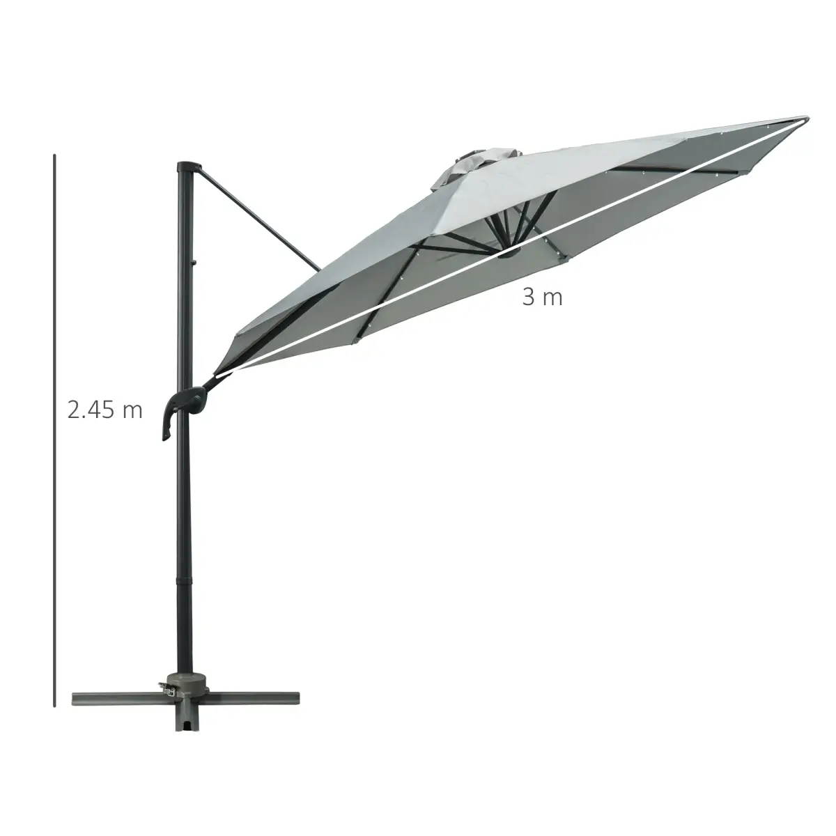 Outsunny 3m Cantilever Roma Parasol Patio Sun Umbrella with LED Solar Light, Grey - Parasol