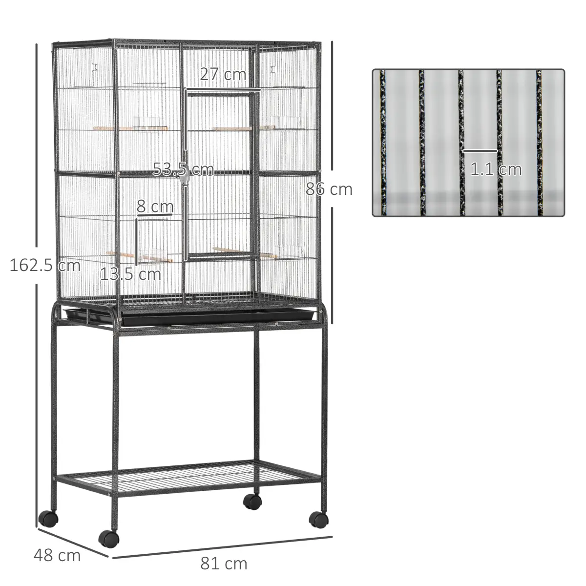 Pawhut Rolling Bird Cage w/ Detachable Stand, Storage Shelf, Wood Perch, Food Container - Bird Cage