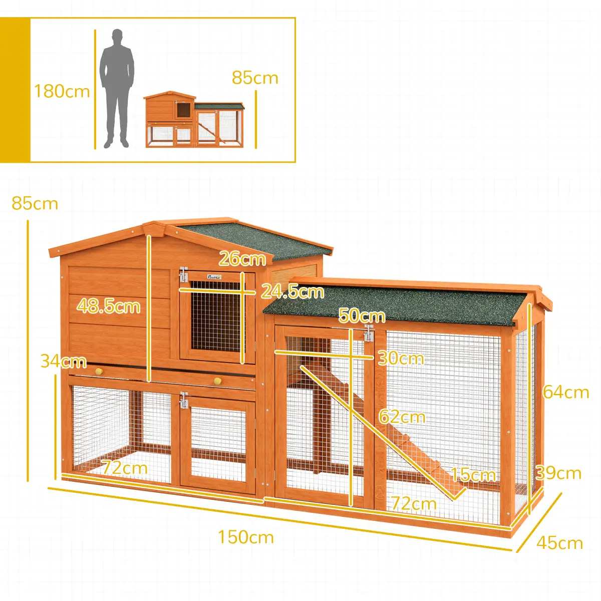 PawHut PawHut Wooden Rabbit Hutch with Run, Ramp, Slide-out Tray, Orange - Rabbit Hutch