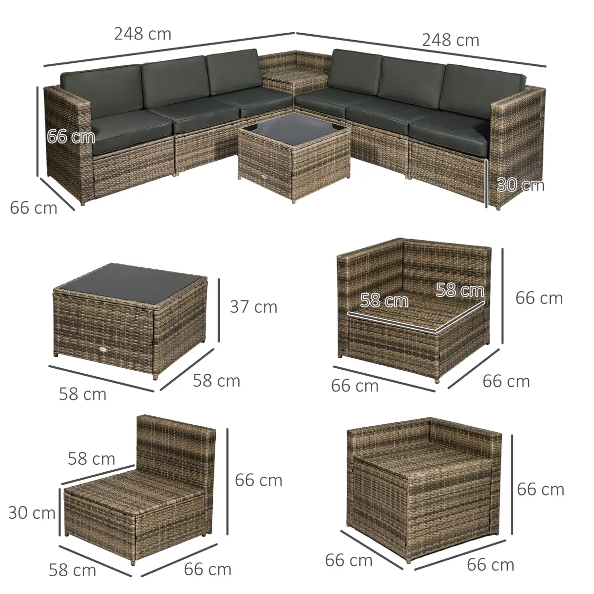 Outsunny Outsunny 8Pcs Patio Rattan Sofa Set Garden Furniture Side Table w/ Cushion - Garden Sofa Sets
