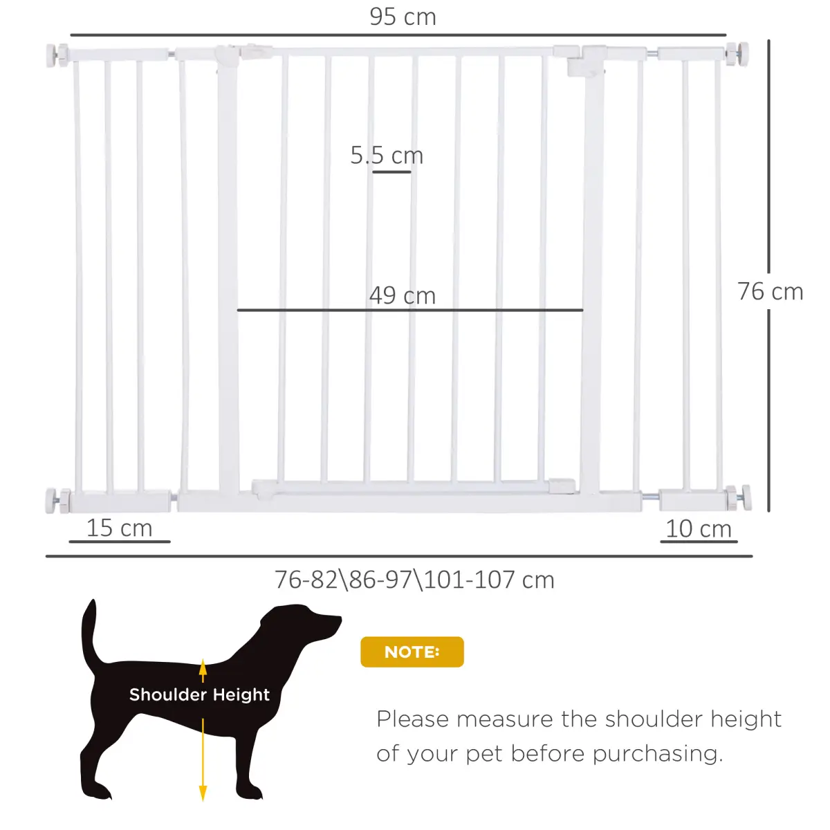 Pawhut Pressure Fit Dog Gate Pet Barrier for stairs doorway, 76-107cm Width White - Pet Gate