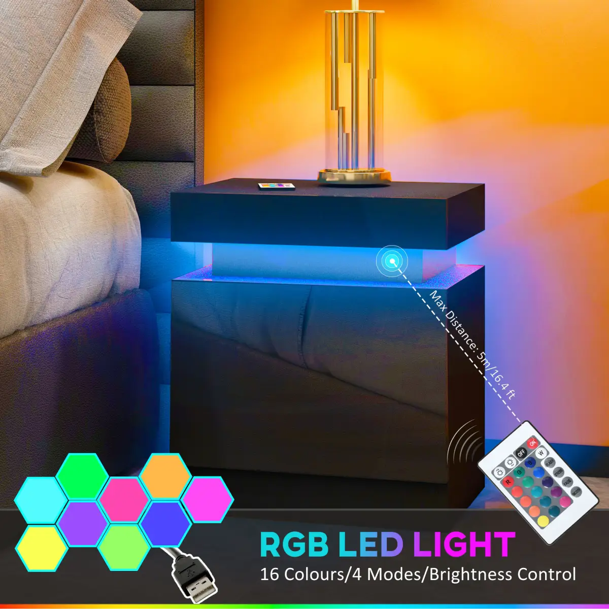 HOMCOM HOMCOM High Gloss Bedside Table with LED Light and 2 Drawers, Black - Bedside Table