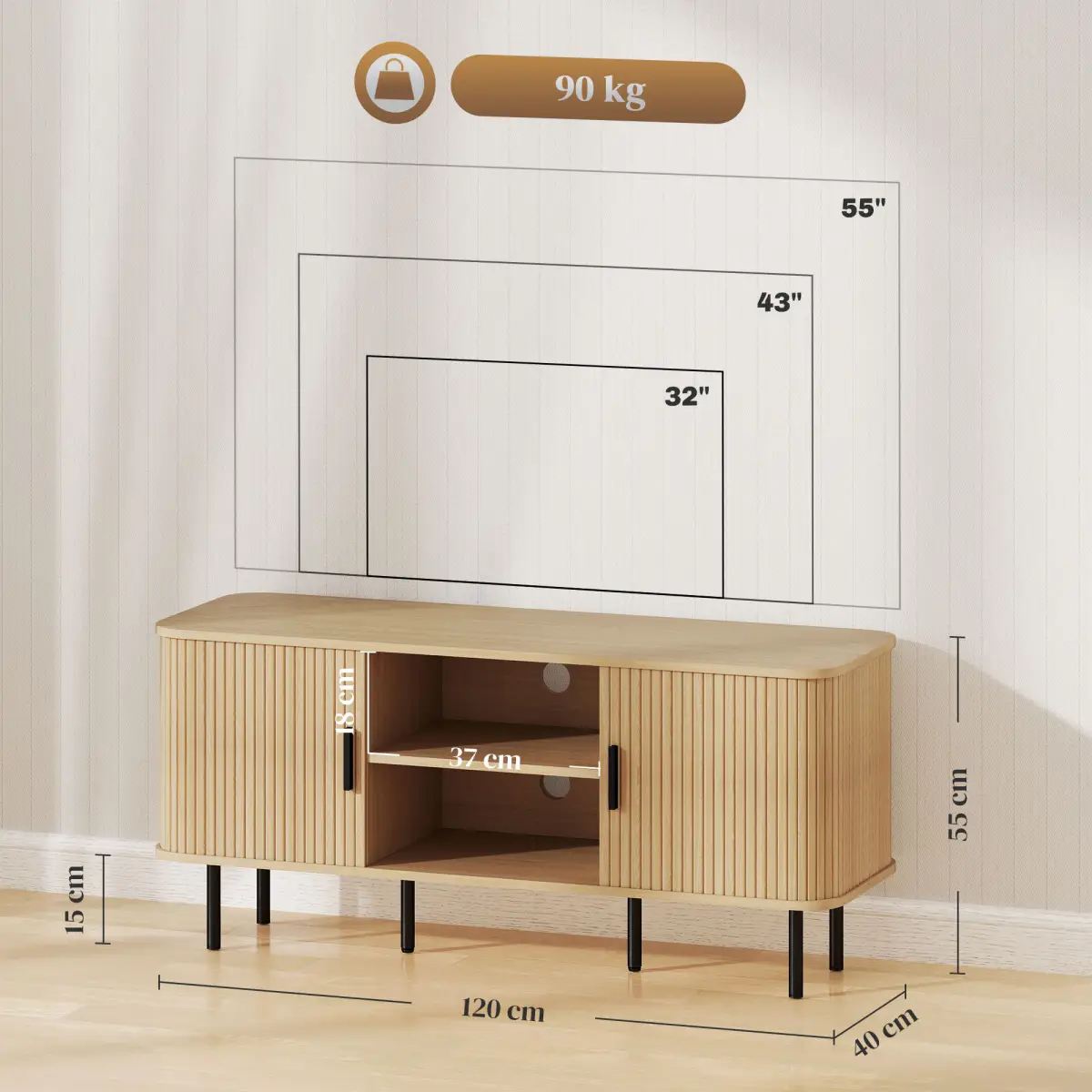 HOMCOM Living Room TV Unit With Oak Tone Finish HOMCOM Two Shelves Two Cupboards Cable Management Elevated Base - TV Unit