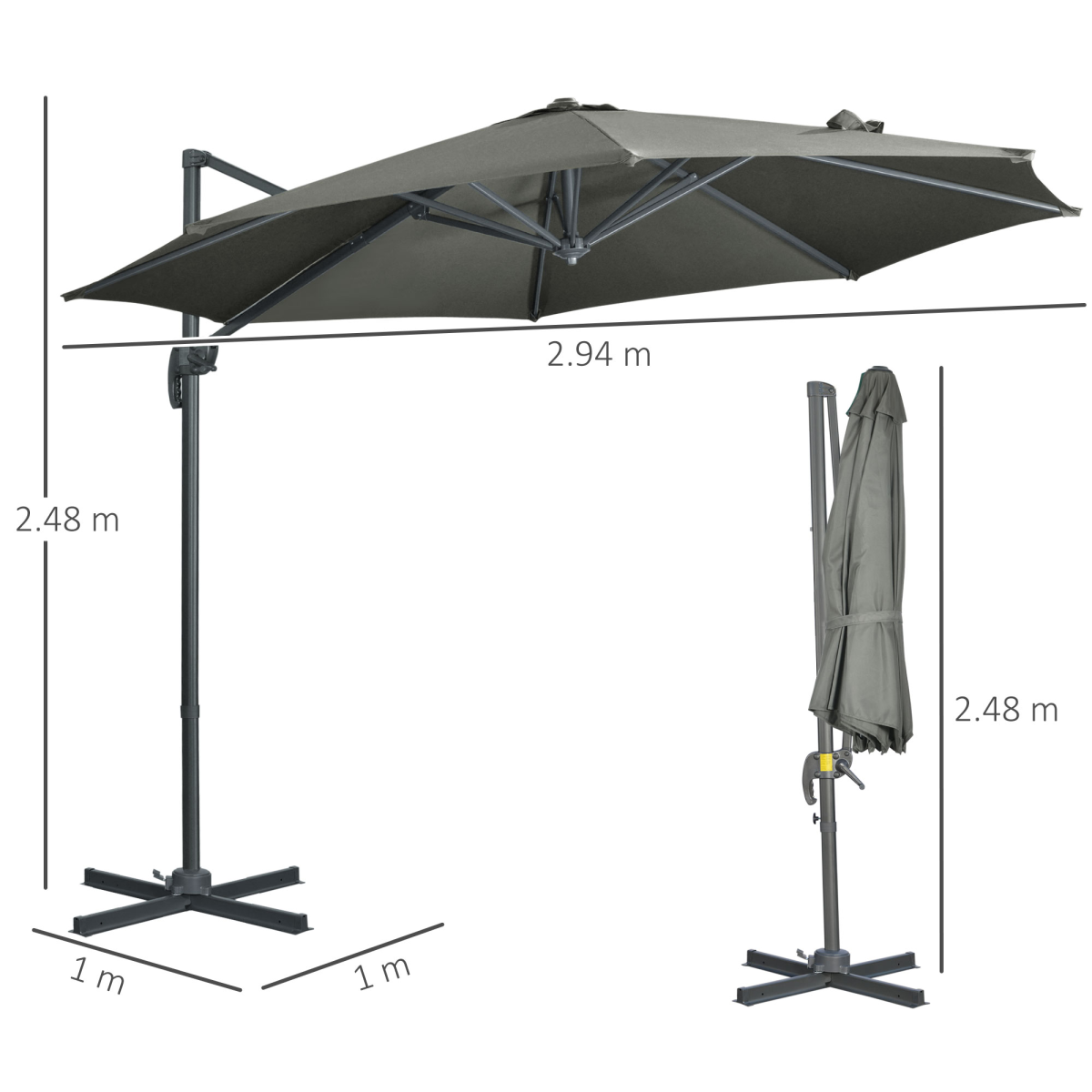 Outsunny 3 x 3(m) Cantilever Parasol Garden Umbrella with Cross Base Grey - Parasol