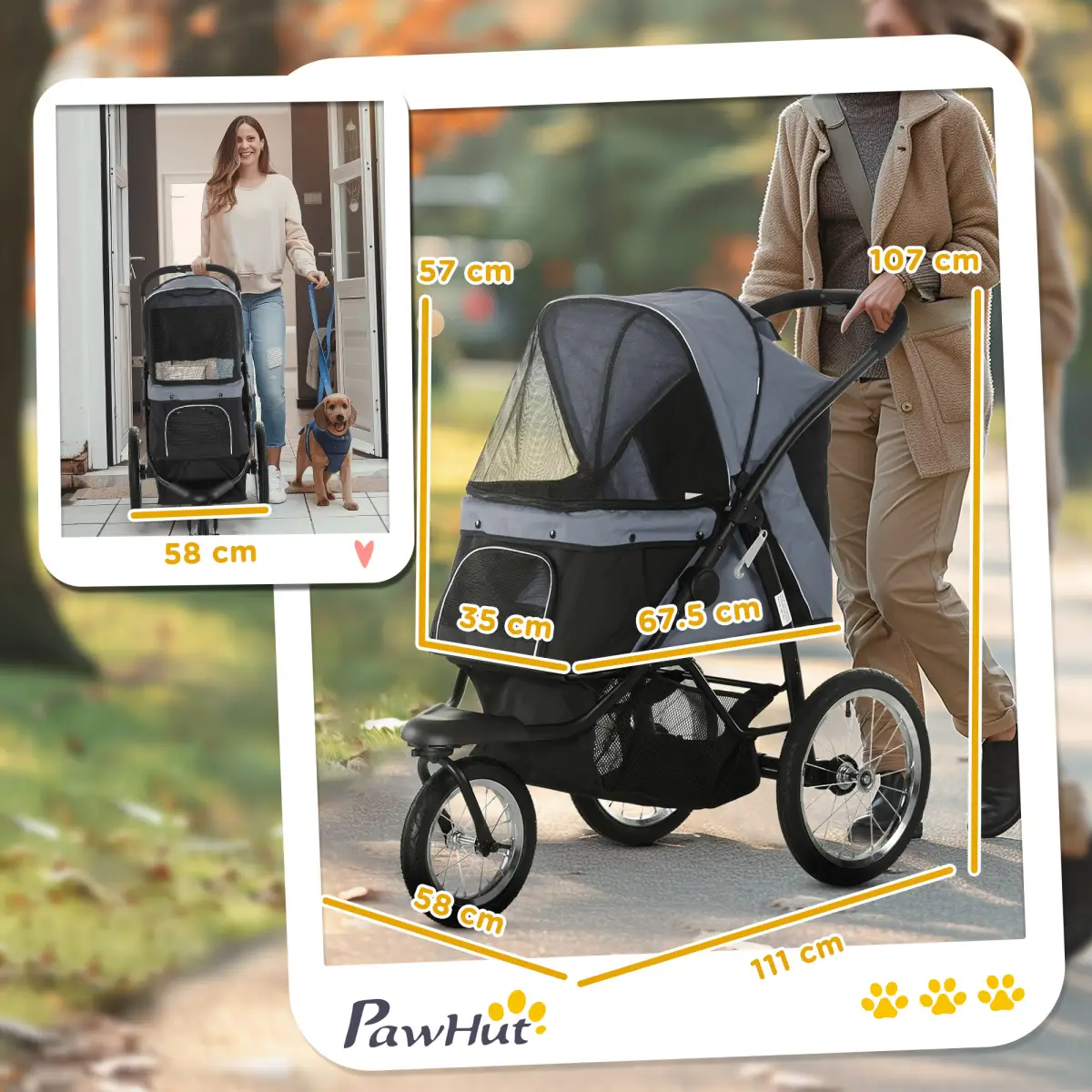 PawHut 3 Wheel Pet Stroller, for Medium Small Dogs, Foldable Cat Pram - Grey - Pet Carrier
