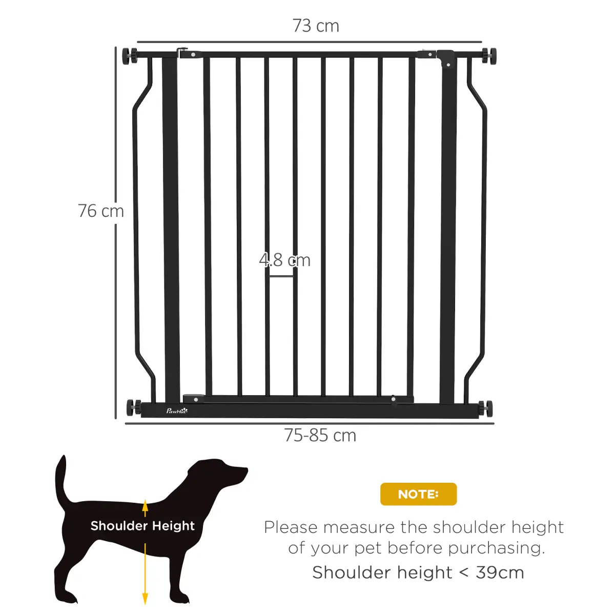 PawHut PawHut Dog Gate Wide Stair Gate w/ Door Pressure Fit, 75-85W cm, Black - Pet Gate