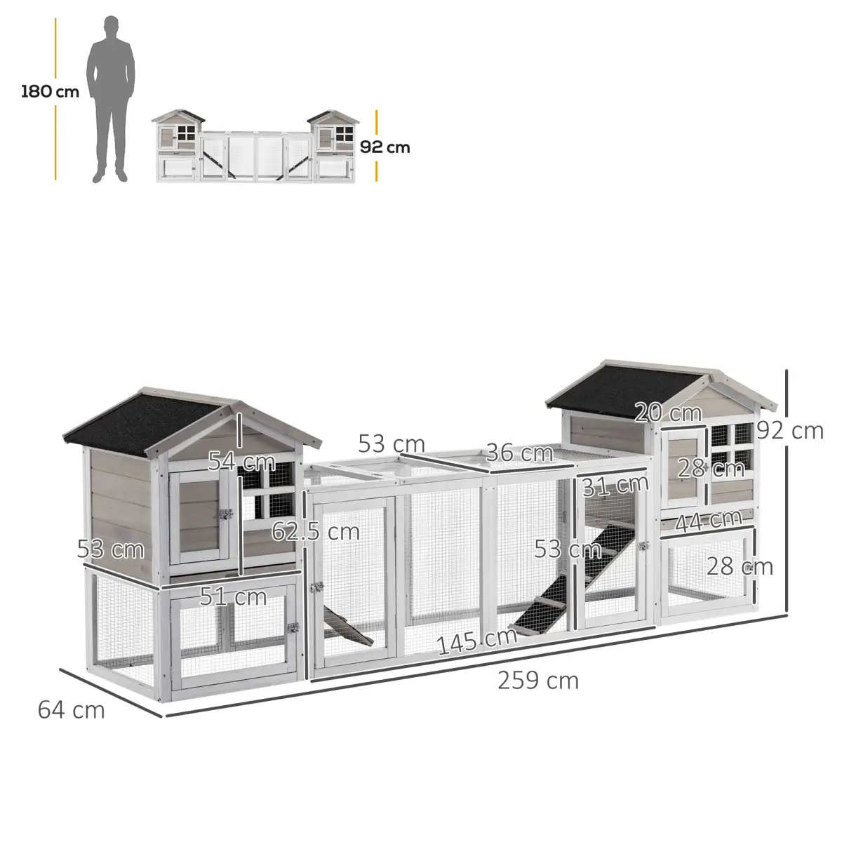 PawHut 2-In-1 Wooden Rabbit Hutch w/ Double House, Run Box, Slide-Out Tray, Ramp - Rabbit Hutch