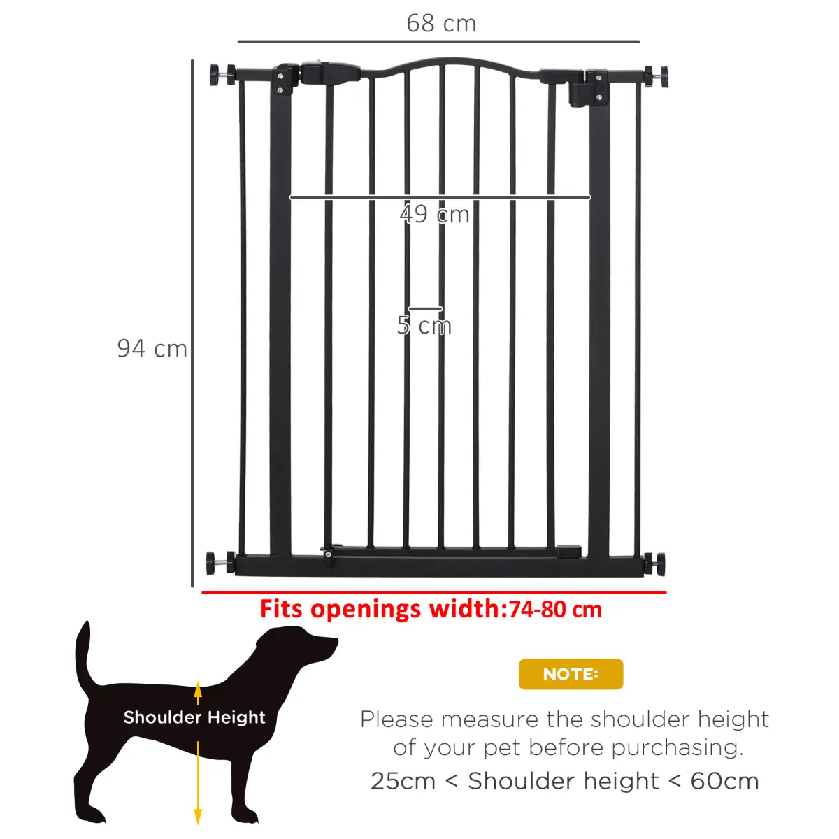 Pawhut 74-80cm Adjustable Metal Pet Gate Safety Barrier w/ Auto-Close Door Black - Pet Gate