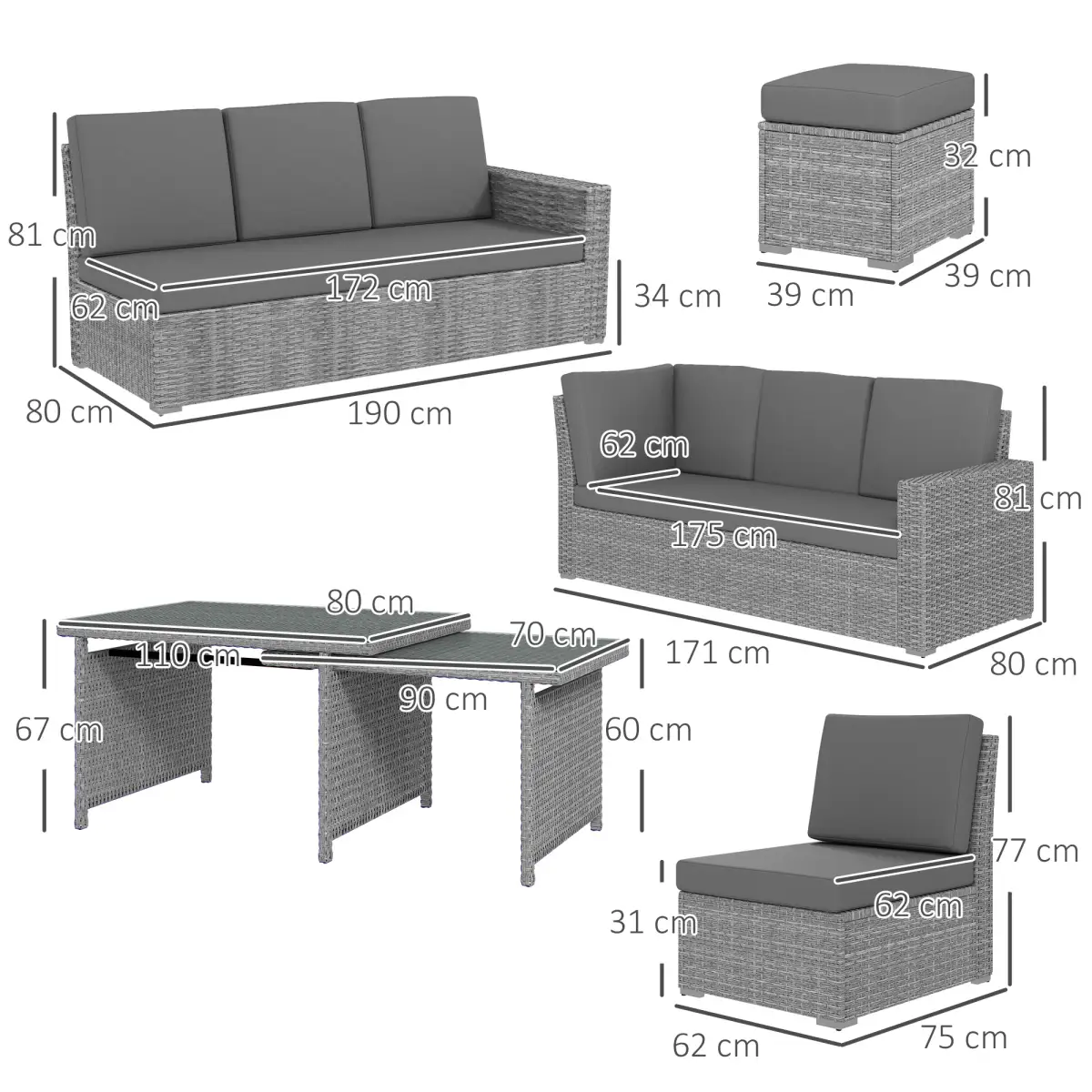 Outsunny Outsunny 10-Seater Sofa Sectional w/ Cushioned Seat, Footstools and Glass Table - Garden Sofa Sets