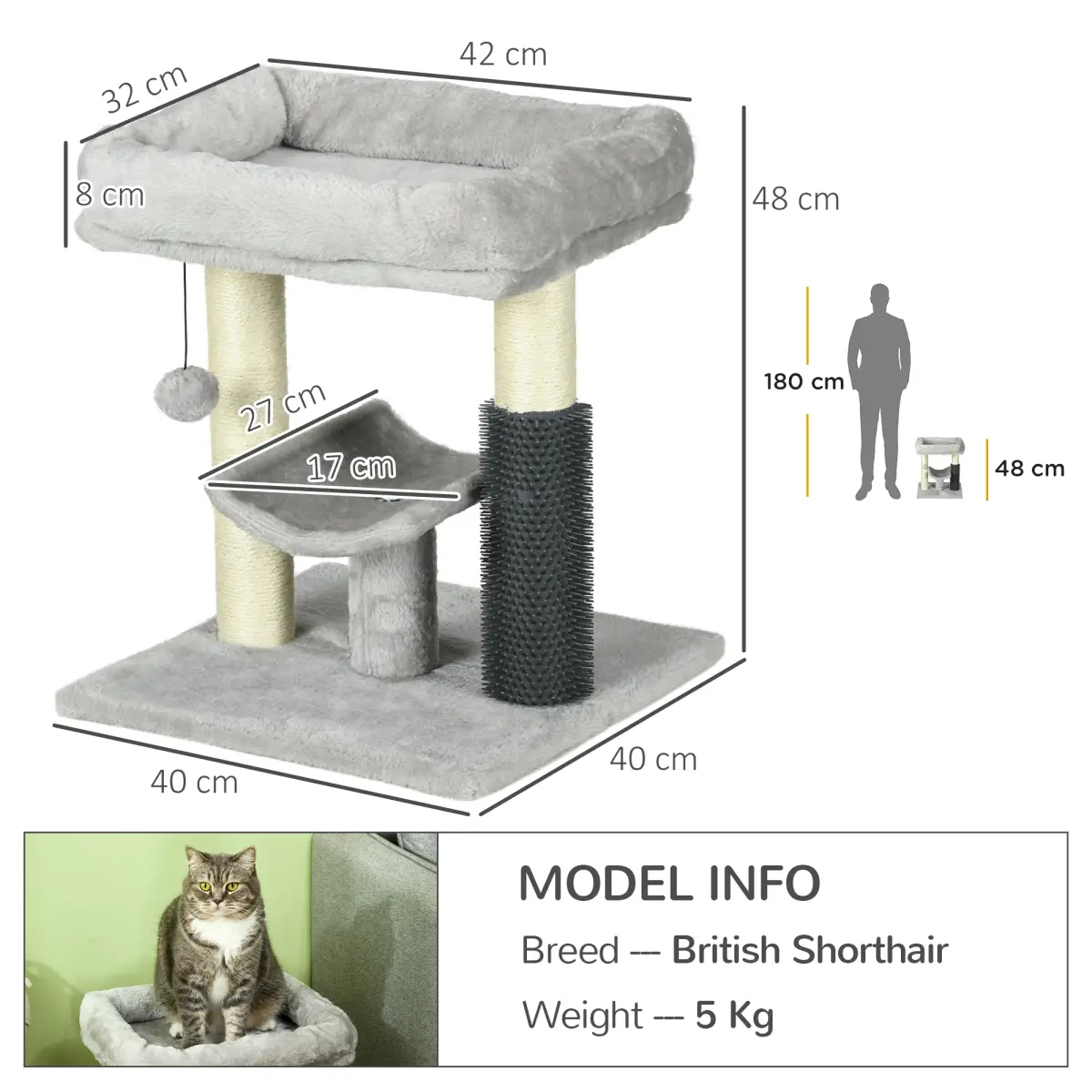 PawHut PawHut Small Cat Tree Tower with Scratching Posts, Bed, Perch, Self Groomer, Toy - Cat Tree