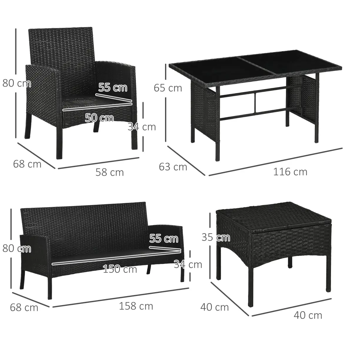 Outsunny Outsunny Rattan Garden Furniture Sofa Set, 2 Armchairs 2 Footstools Table White - Garden Set