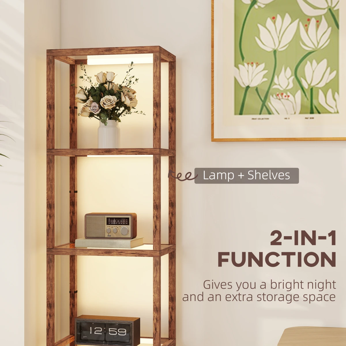 Wood Floor Lamp 180cm 4 Tier Shelf LED Dimmer Home by N/A