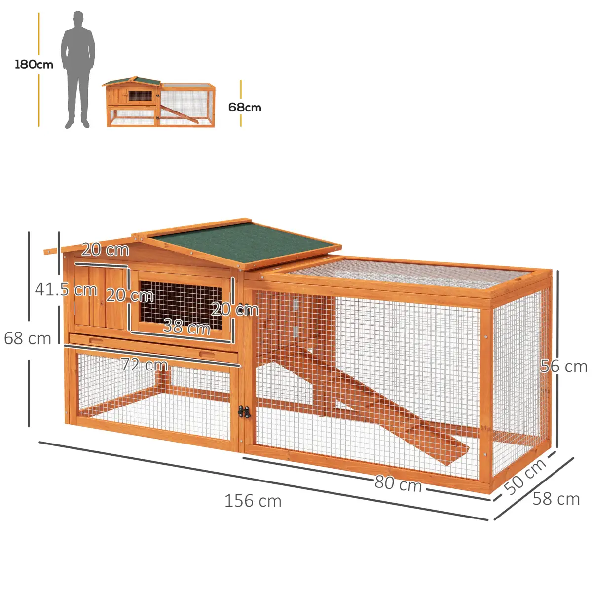 Unbranded Rabbit Hutch and Run Outdoor Sliding Tray Hay Rack Ramp, 156x58x68 cm Pawhut - Rabbit Hutch