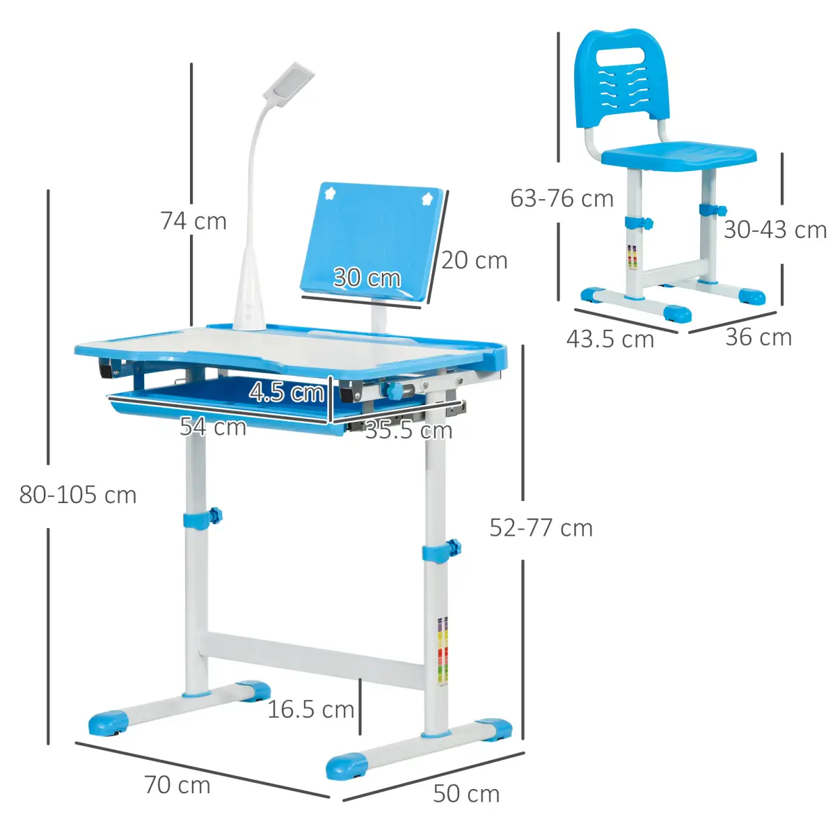 HOMCOM HOMCOM Kids Study Desk and Chair Set w/ USB Lamp, Adjustable Height, Blue - Desk