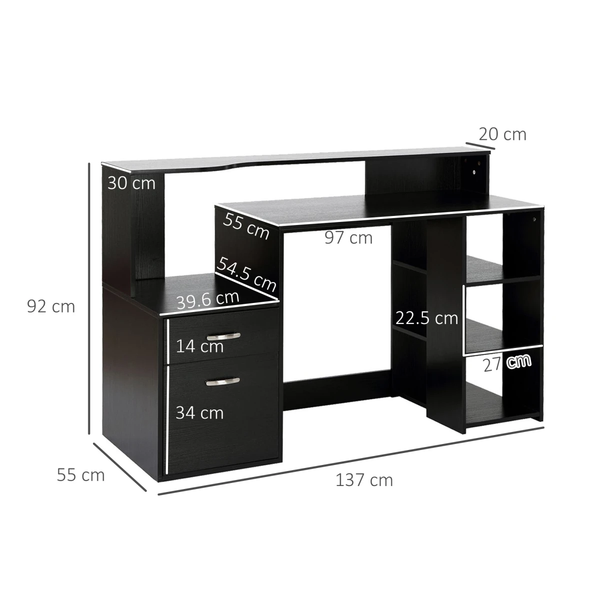 HOMCOM Desk With Shelves 3Drawer Storage Office by Unbranded